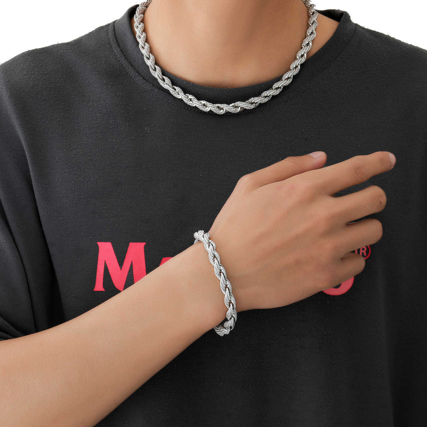 bracelet necklace mossanite Hip Hop Jewelry Vvs Moissanite Full Dia Cuban Rope Chain Bracelet 8mm Iced Out Gold Miami k Necklace