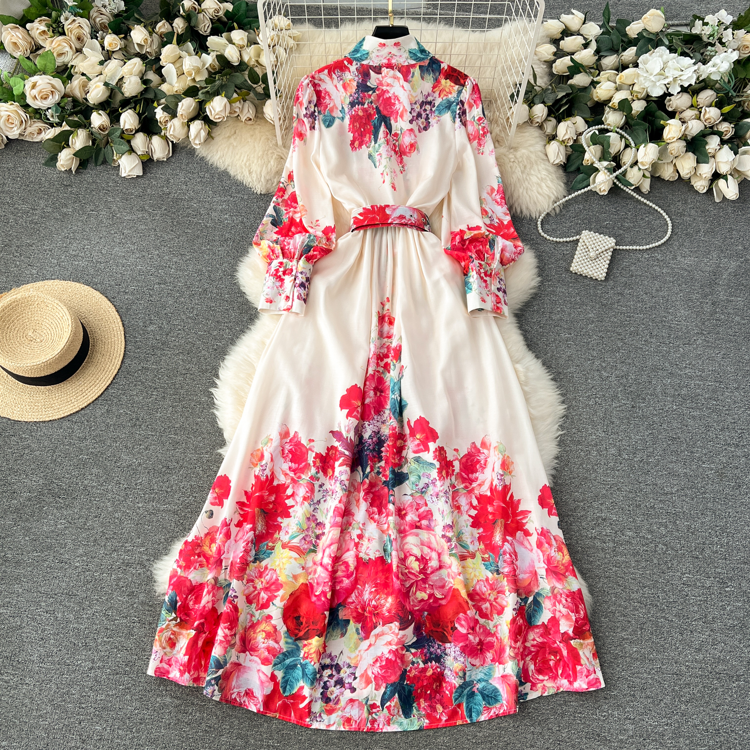 Basic Casual Women Dresses 2024 Fashion Holiday Gorgeous Flower Maxi Dress Womens Stand Long Lantern Sleeve Linen Floral Print Sashes Boho