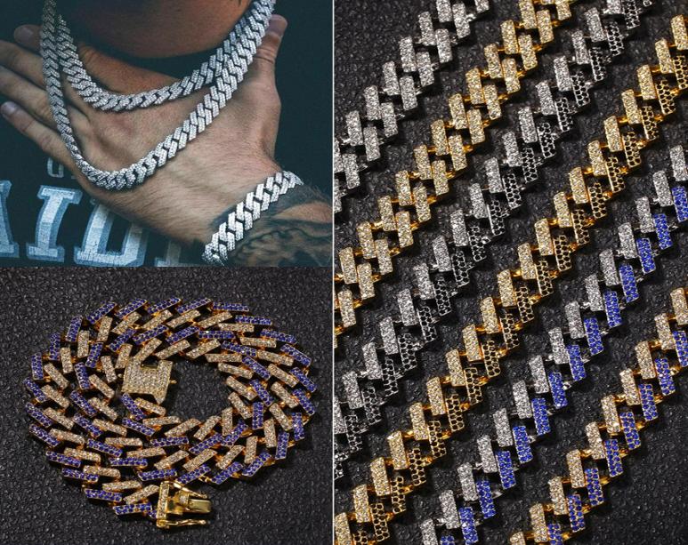 Hip Hop Bling Chains Jewelry Men Iced Out Necklace Gold Silver Black Blue Diamond Miami Cuban Link Chain