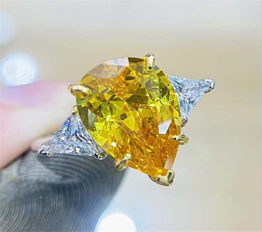 Brand Wedding Rings Luxury Jewelry Real 925 Sterling Silver Dove Egg Large Yellow Topaz CZ Diamond Water Drop Zircon Women En