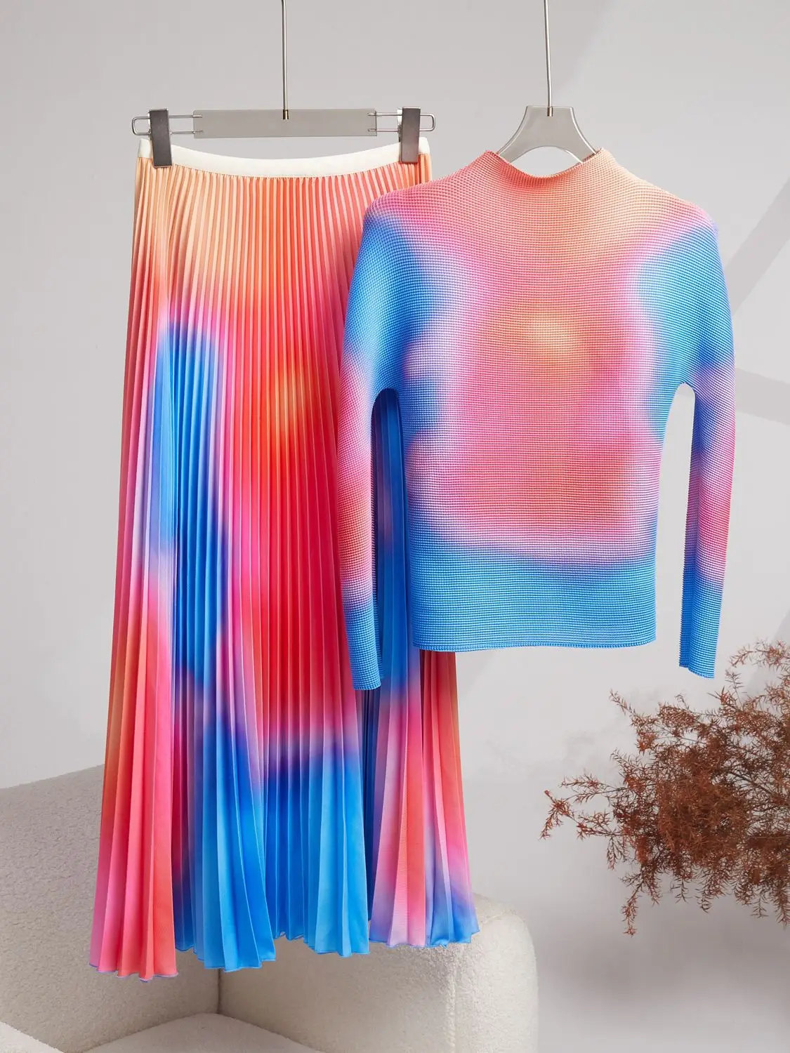 Two Piece Dress Runway Fashion Long Sleeve T-shirt Pleat Skirt Suit Women Casual Two Piece Set Elegant Elastic Pleated Long Skirt Outfits Office Lady 