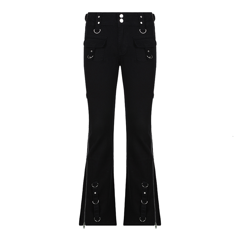Women's Jeans SUCHCUTE Punk Rivets Zipper Black Straight Jeans Gothic Low Waist Women Denim Trousers Aesthetic Streetwear Dark Academia Pants 230