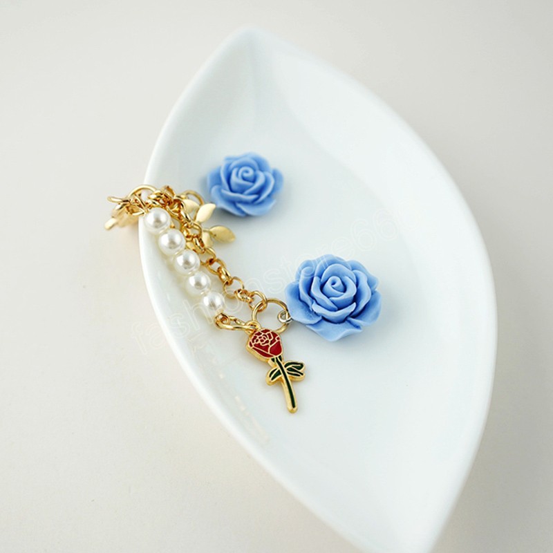 Sweet 3D Rose Flower Keychain Multicolor Flower Keyring With Pearl Tassel Metal Leaf Women Earphone Case Handbag Accessories