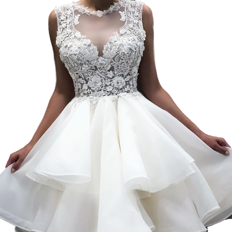 Lovely Lace Short Wedding Dress 3D Floral Appliques Knee Length A-Line Bridal Gowns Sleeveless Beach Cut Out Back Tiered Skirt Vestido De Novia