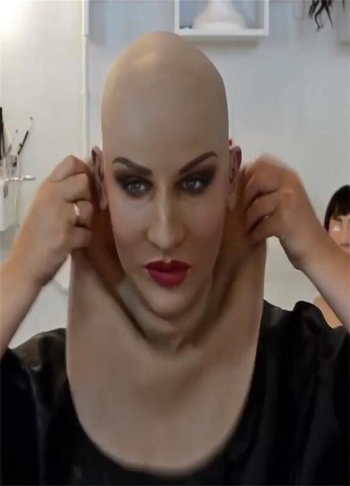 Full Latex Mask for Halloween with Neck Head Creepy Wrinkle Face Cosplay Party Props Women 220411