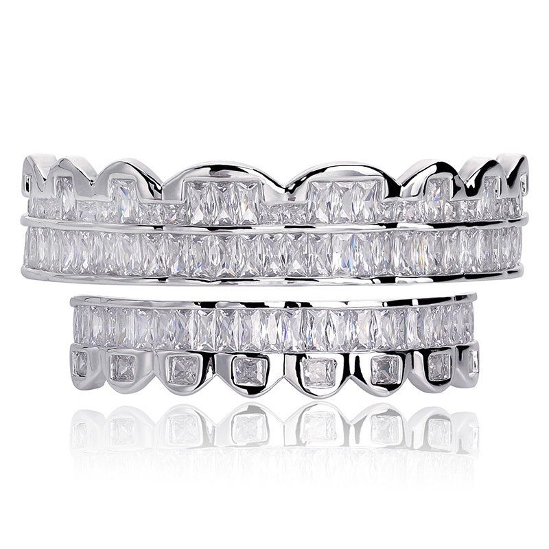 New Baguette Set Teeth Grillz Top Bottom Rose Gold Silver Color Grills Dental Mouth Hip Hop Fashion Jewelry Rapper Jewelry