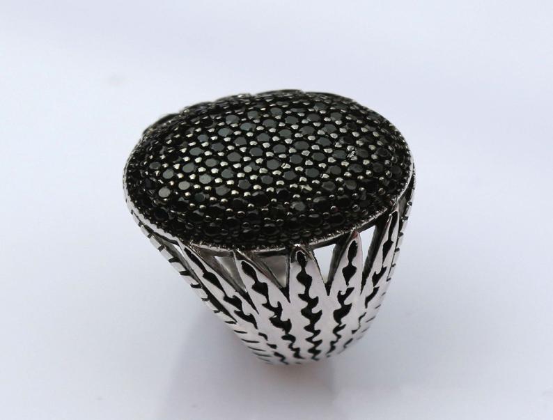 925 Sterling Silver Hollow Design Multi Black CZ Stones Inlaid Cocktail Rings For Men Oval Shape Turkey Jewelry