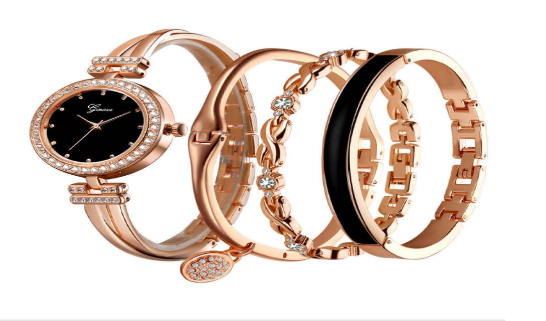 Luxury 4 Pieces Sets Womens Watch Diamond Fashion Quartz Watches Delicate Ladies Wristwatches Bracelets GINAVE Brand