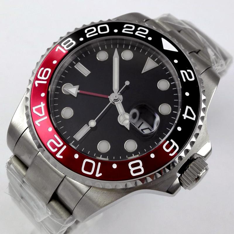 Wristwatches 40MM Sterile Black Dial Sapphire Glass Date Luminous Red Bezel Steel Bracelet GMT Automatic Movement Men's Watch, Glass case back
Wristwatches 40MM Sterile Black Dial Sapphire Glass Date Luminous Red Bezel Steel Bracelet GMT Automatic Movement Men's Watch, Glass case back