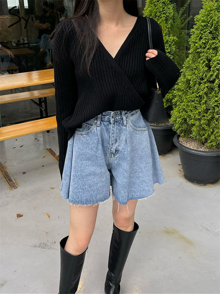 Women's Shorts Syiwidii Jean Shorts Women Summer High Waist Baggy Wide Leg Flare Short Jeans Casual Vintage Korean Style Y2k Denim Shorts 230404