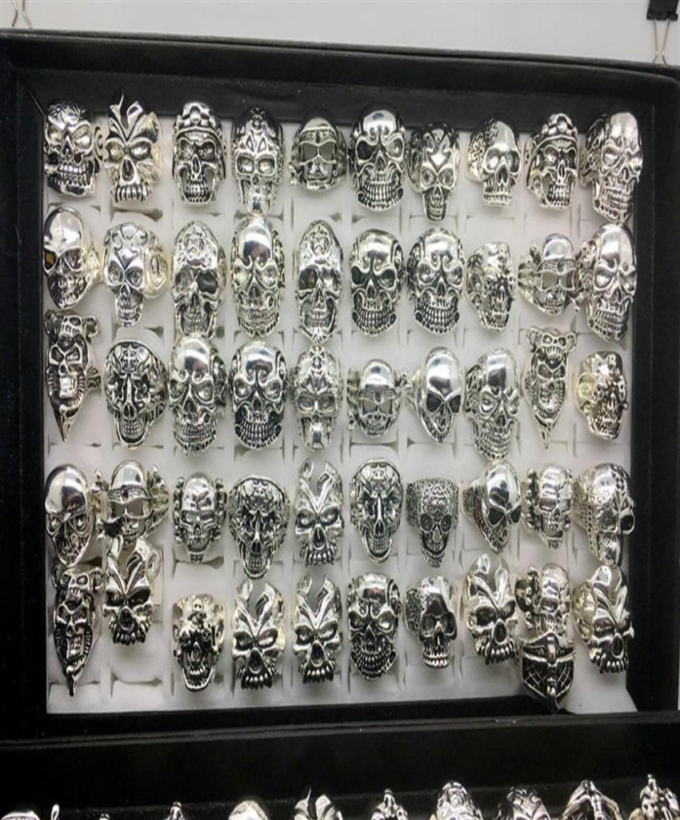 Whole 50pcs lot Gothic Big Skull Ring Bohemian Punk Vintage Antique Silver Mix Style Mens Fashion Jewelry Skeleton Ring Size 2261c