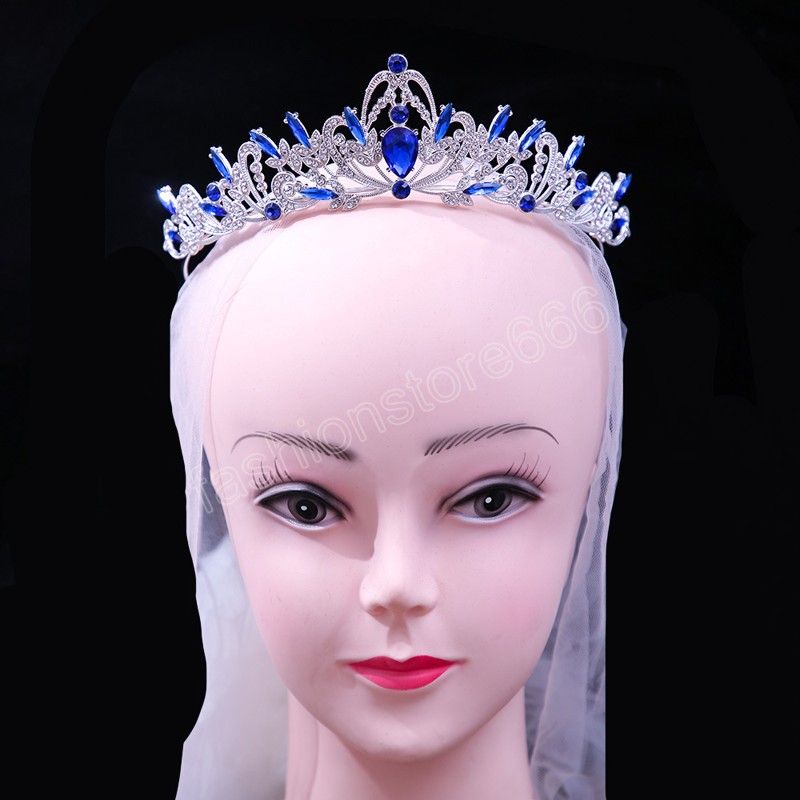 Korean Girls Silver Color Metal Green Blue Crystal Tiara Crown For Women Wedding Party Bridal Bride Rhinestone Crown
