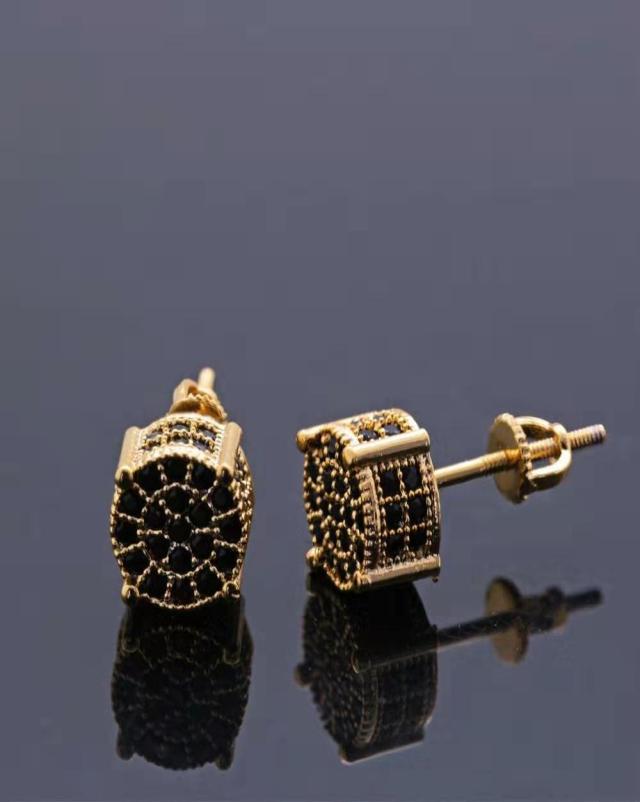 hip hop iced out ear studs for men luxury designer bling black diamond earrings 18k gold plated fashion ear jewelry birthday gifts