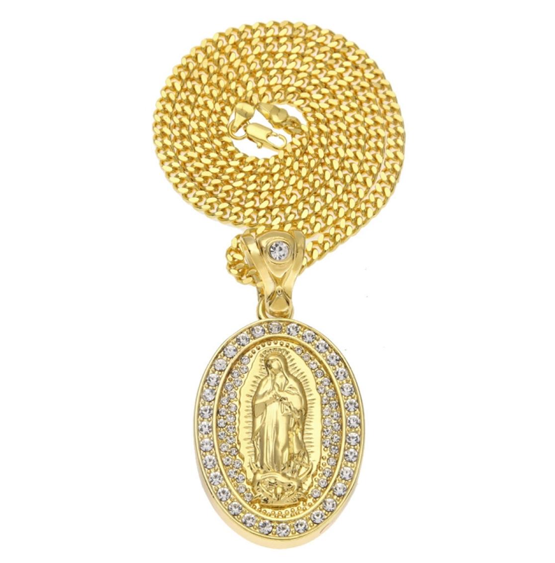 Authentic Hiphop Santa Maria Pendant Necklaces For Mens Oval Charm Gold Plated Full Diamond Hip Hop Jewelry