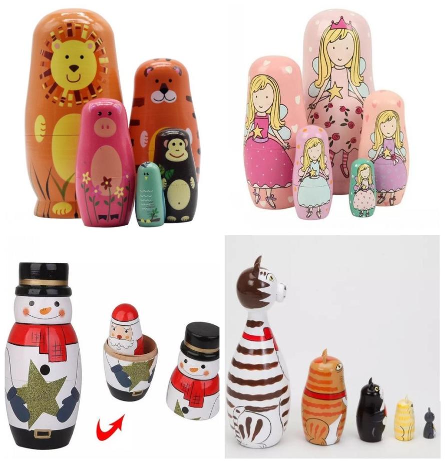 5pcsset Handmade Painting Craft Snowman Santa Claus Wooden Animal Paint Nesting Doll Matryoshka Russian Toy Home Decoration Chris