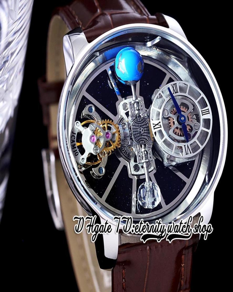 BZF Astronomia Tourbillon Swiss Quartz Mens Watch 316L Stainless Steel Case Sky Skeleton 3D Globe Dial won039t spin Brown Lea