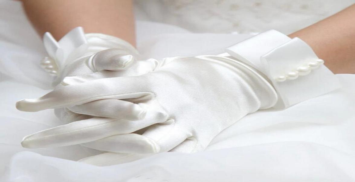 Iovry Satin Pearl Waist Length Bridal Gloves Full Finger Wedding Gloves Bridal Gloves Rhinestone Wedding Glove