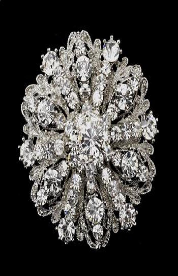 2 Inch Vintage Style Rhodium Silver Tone Large Size Flower Rhinestone Diamante Crystal Brooch for Women