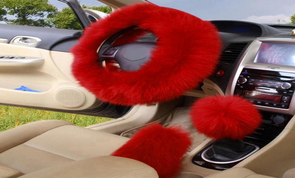 3PcsSet Winter Long Wool Car Steering Wheel Gear Knob Shifter Parking Brake Cover Warm Soft Plush Women Auto Accessories 6Color