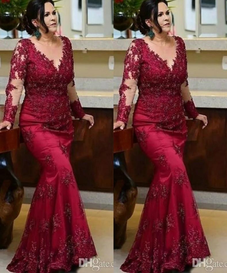 Vintage Burgundy Long Sleeves Prom MOTHER of the Bride Dresses Plus size Lace Beaded Sequin Evening Red Carpet Formal Gowns D
