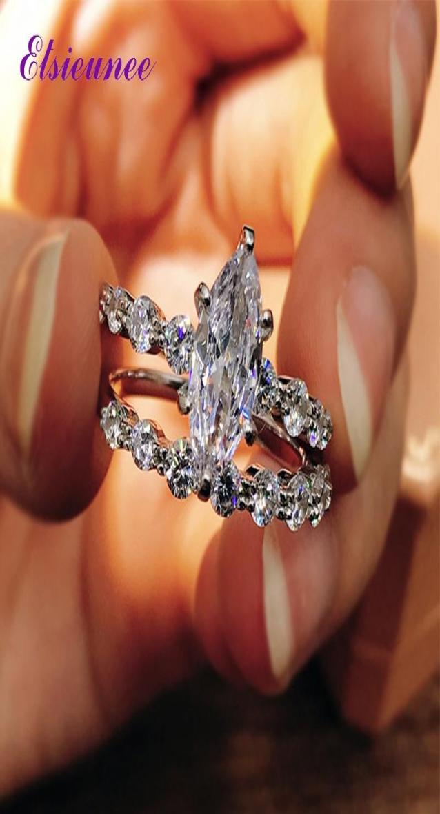 Cluster Rings ELSIEUNEE 100 925 Sterling Silver Marquise Simulated Moissanite Diamond Wedding Engagement Ring Bridal Sets Wholesa