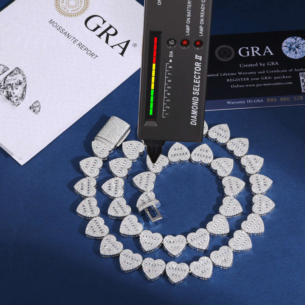 necklace moissanite chain Dropshipping Luxury Hip Hop Jewelry 13mm 925 Sterling Silver VVS Moissanit Diamond Iced Out Heart Shape Tennis
