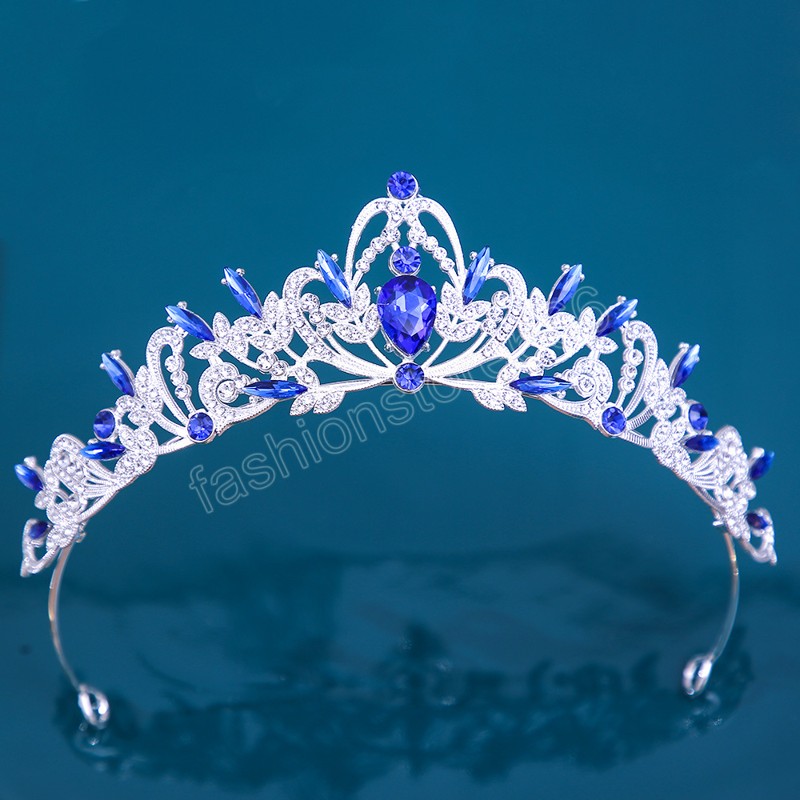 Korean Girls Silver Color Metal Green Blue Crystal Tiara Crown For Women Wedding Party Bridal Bride Rhinestone Crown