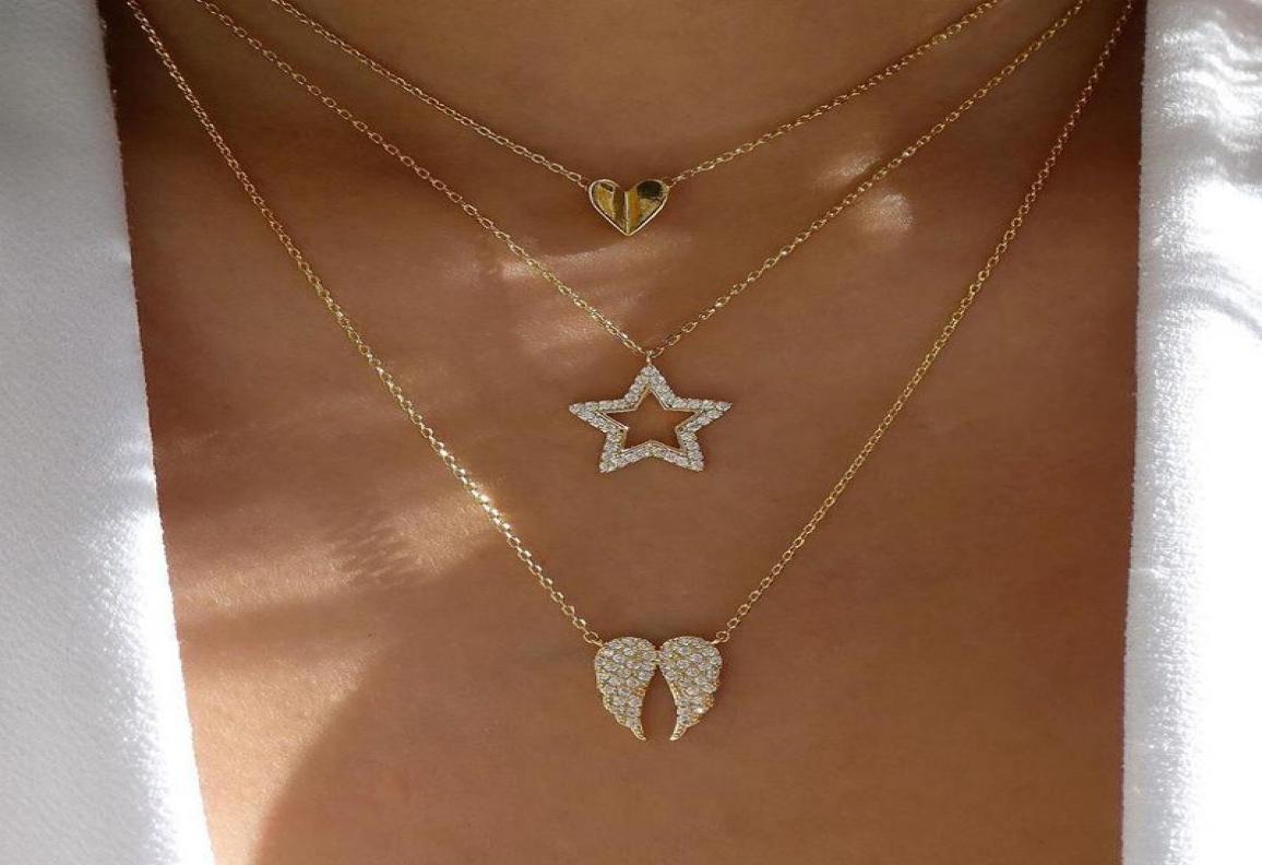 Pendant Necklaces Rhinestone Angel Wing Necklace For Women Crystal Heart Butterfly Choker Gold Color Layered Collier Femme Bijoux