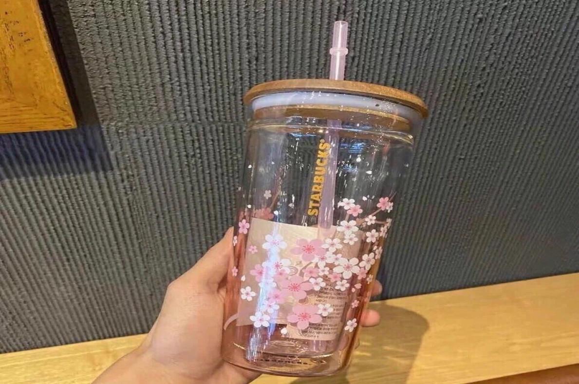 Creative mug 591ml Pink cherry blossom large capacity glass with straw cup