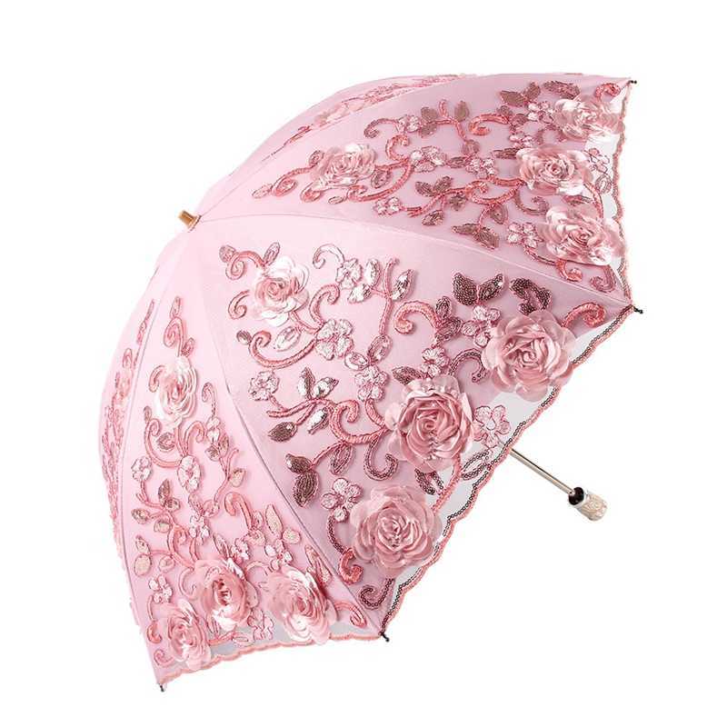 Umbrellas 2022 New Vintage Shabby Floral Women Rain Umbrella Chic Pink Rose Folding Girl Durable Portable Umbrellas Automatic Rain Gear AA230404