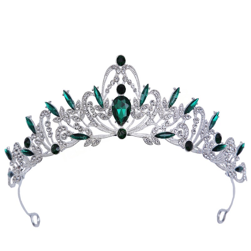 Korean Girls Silver Color Metal Green Blue Crystal Tiara Crown For Women Wedding Party Bridal Bride Rhinestone Crown