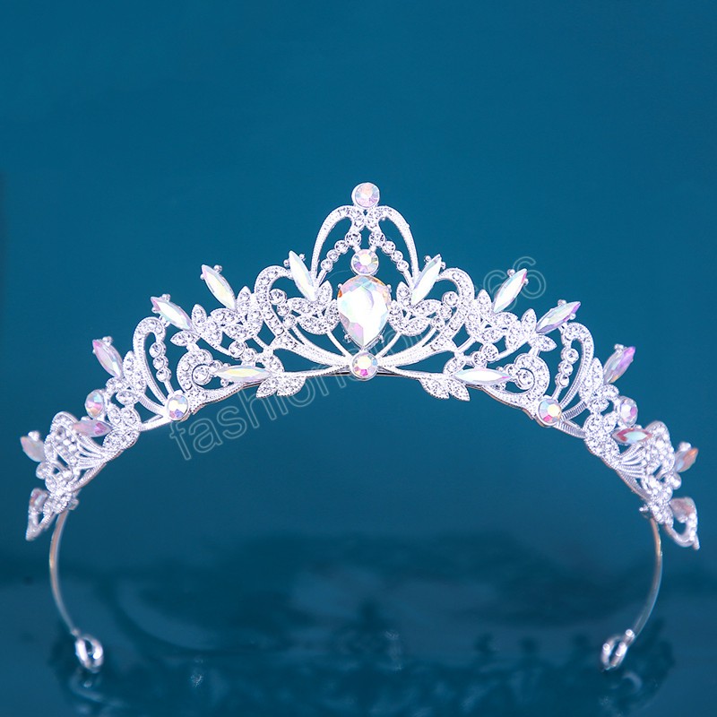 Korean Girls Silver Color Metal Green Blue Crystal Tiara Crown For Women Wedding Party Bridal Bride Rhinestone Crown