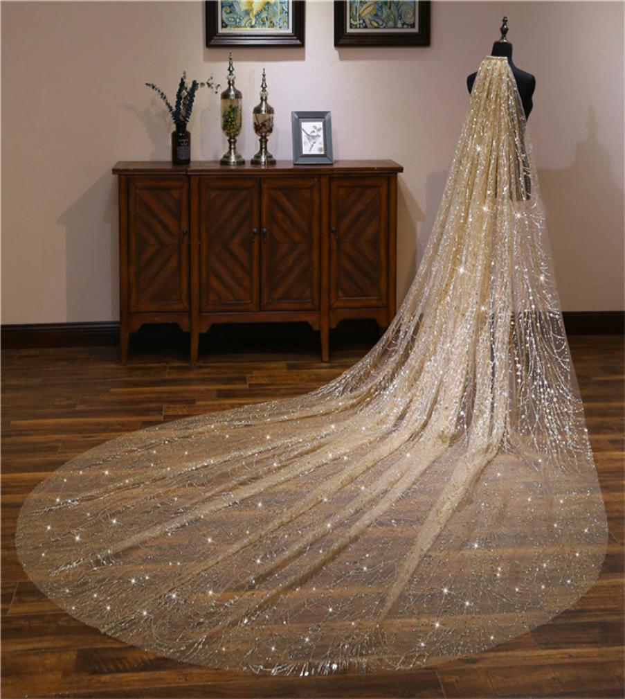 Shining Champagne Gold Wedding Veils 35M Cathedral Length Long Bridal Veil For Women Hair Wedding Accessories