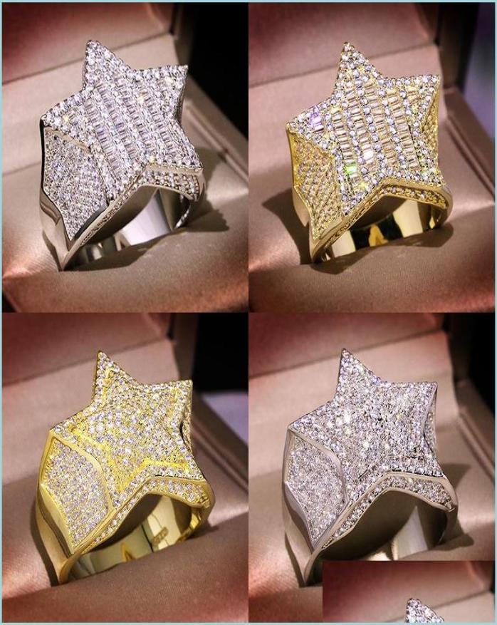 With Side Stones Mens Gold Ring Stones FivePointed Star Fashion Hip Hop Sier Rings Jewelry 1850 T2 Drop Del Yzedibleshop Dhd8J