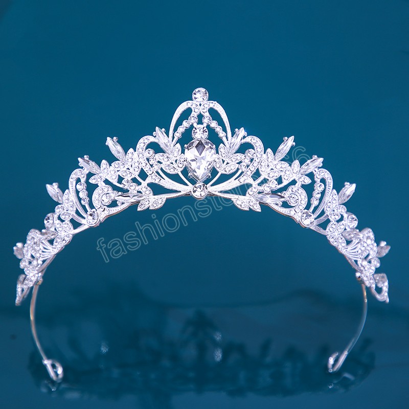Korean Girls Silver Color Metal Green Blue Crystal Tiara Crown For Women Wedding Party Bridal Bride Rhinestone Crown