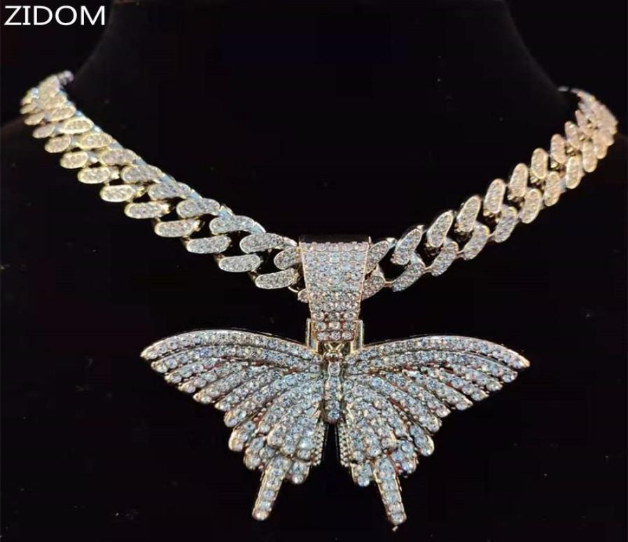 Pendant Necklaces Men Women Hip Hop Butterfly Necklace With 13mm Miami Cuban Chain Iced Out Bling HipHop Fashion Charm Jewelry