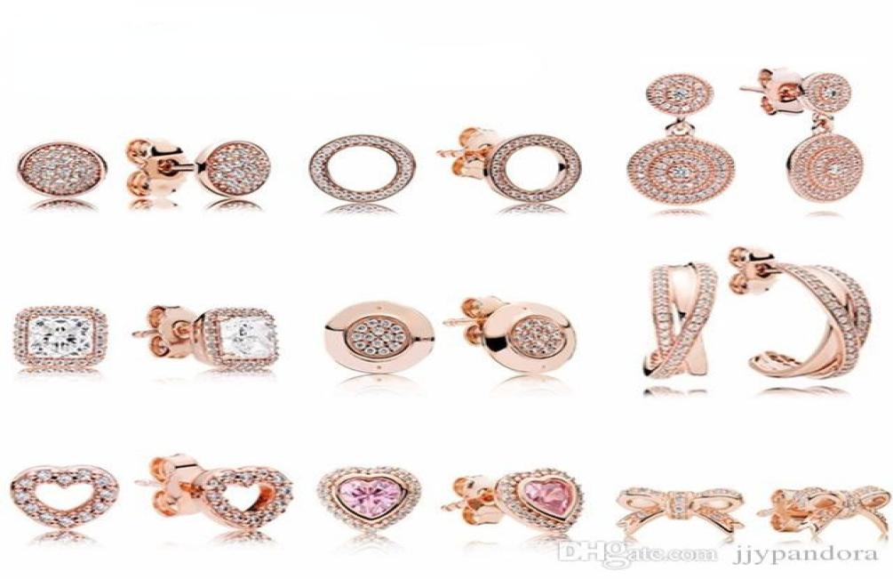 NEW 100% 925 Sterling Silver p square round love heart rose gold Earrings Flower type Hollow Ear Studs charm Beads Fit Original DIY Dangler Wholesale 