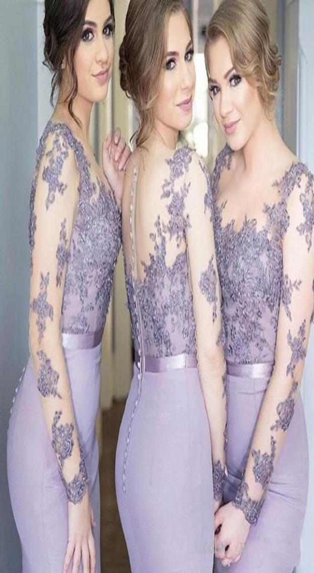 New Lilac Mermaid Bridesmaid Dresses Lace Appliques Long Sleeves Sheer Button Back Sweep Train Bridesmaid Gowns Form