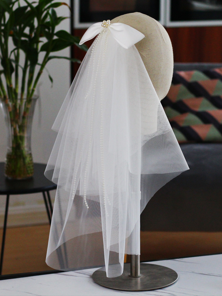 2023 Wedding Veils Short Bridal Veils Soft tulle with Pearls Big Bow