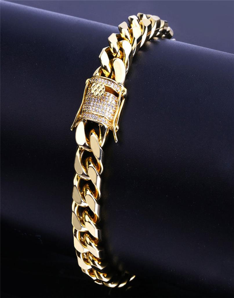 high quality cool mens bracelet designer cuban link chain gold bracelet man Copper jewelry AAA Cubic Zirconia Silver Bangle Hip Ho