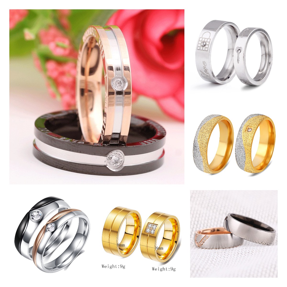 Bling Cubic Zirconia Wedding Band Rings for Couple Men Women Lovers Titanium Stainless Steel CZ Stone Gold Plated Finger Rings Birdal Gifts Wolf Tide 