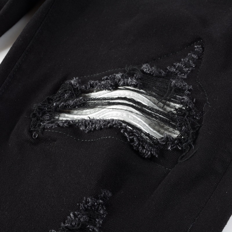 Fashion amiryes casual men straight zipper fly washed black hole patch elastic slimming jean