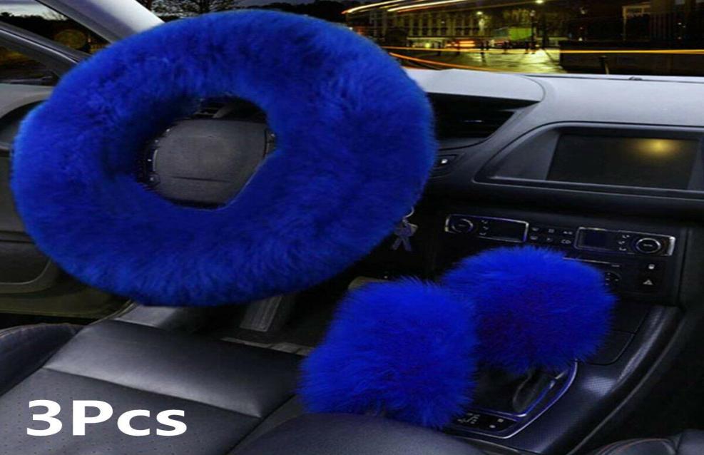 3Pcs Fur Car Steering Wheel Cover Mature Gem Blue Wool Furry y Thick Winter