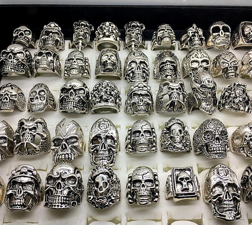 Men039s Fashion 50pcs Lots Top Mix Style Big Size Skull Carved Biker Silver Plated Rings jewelry Skeleton Ring