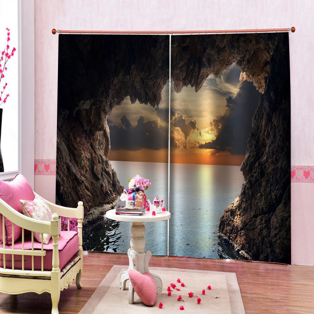 3D Curtain Custom 3D Beautiful Sunset Cave Sea View Curtains For Bedroom 3D Bathroom Shower Curtain 3D Photo Window Curtain