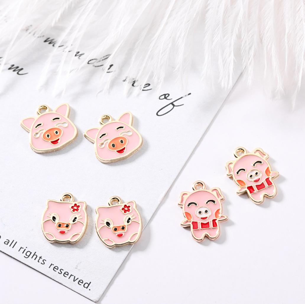 100PCSlot Enamel Pig Charms PendantFarm charmsPig Family Pink Necklace findings Diy Jewelry Accessories