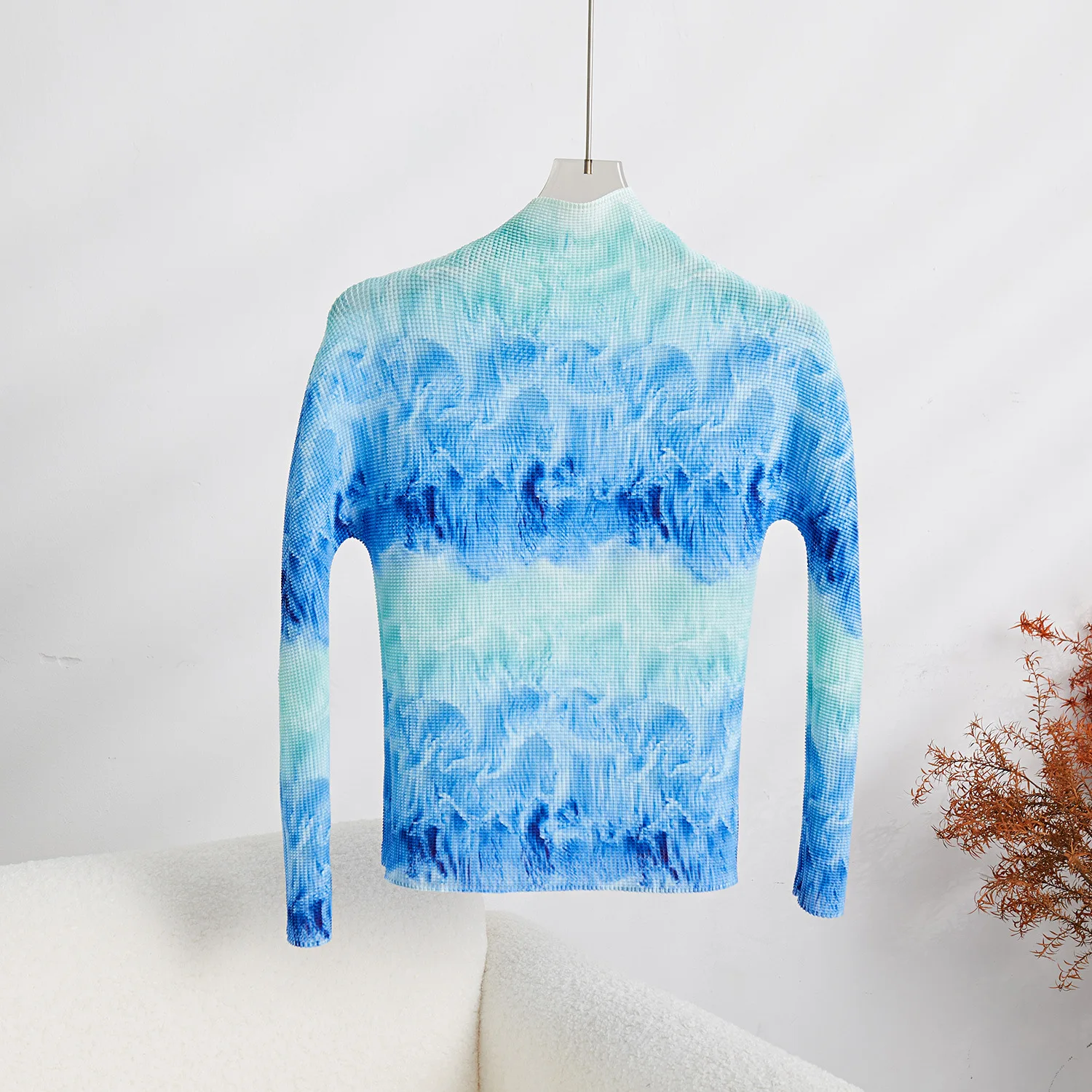 Two Piece Dress Runway 2 Piece Sets Women Outfits Spring Autumn Miyake Pleated Long Sleeve Blue Printed Tops With Elastic Long Skirt Suits 2024