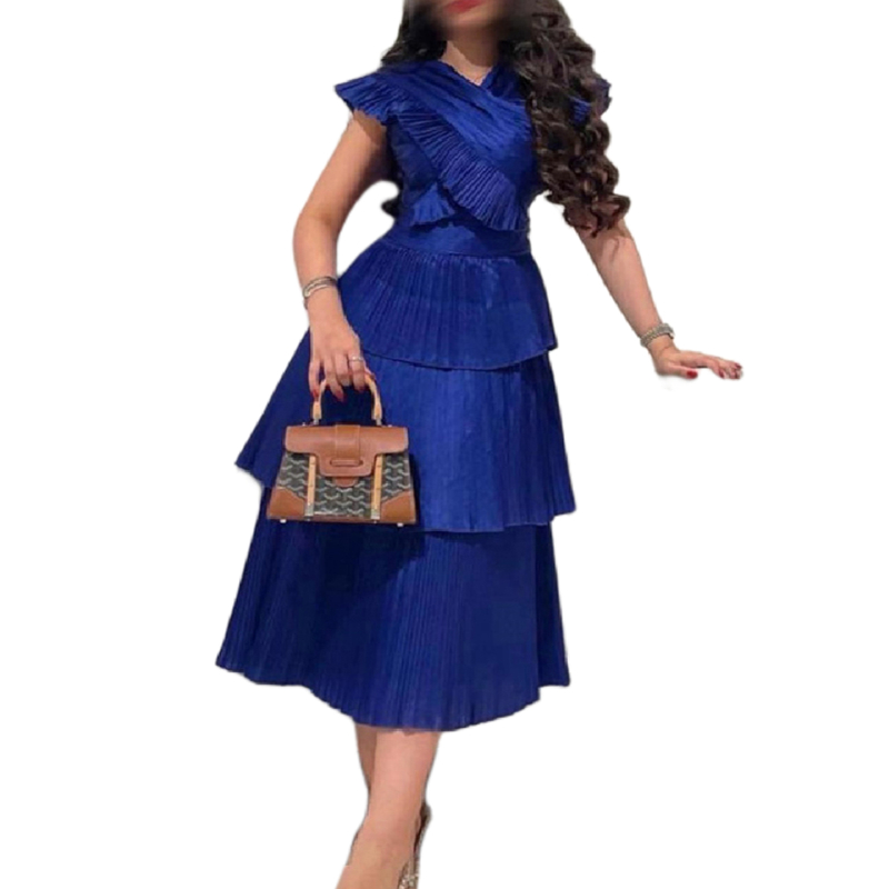 Pleated Short Tiered Prom Dresses Special Occasion Gowns For Women Tea Length A-Line Criss-Cross Short Sleeves Navy Blue Formal Evening Wear