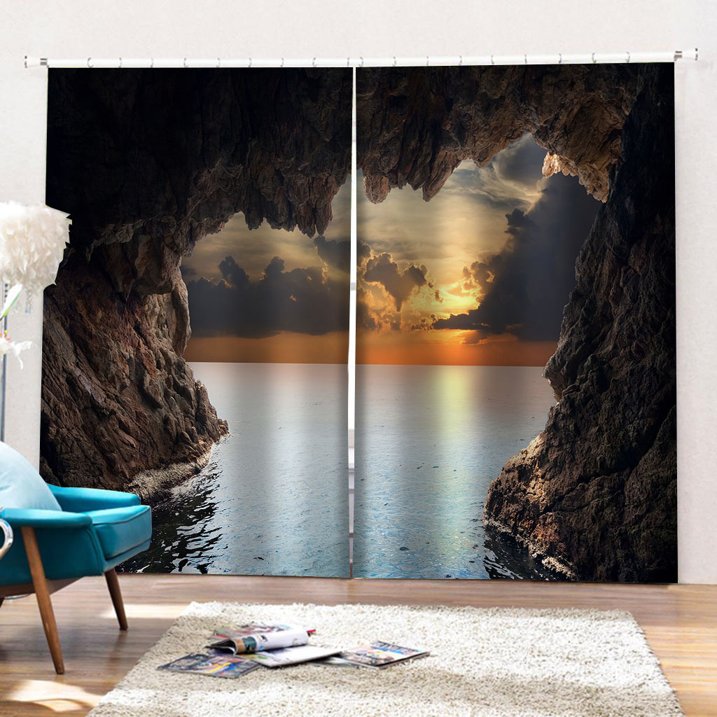 3D Curtain Custom 3D Beautiful Sunset Cave Sea View Curtains For Bedroom 3D Bathroom Shower Curtain 3D Photo Window Curtain