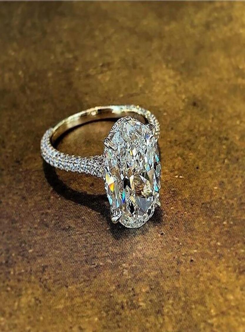 Sparkling Luxury Jewelry Real 925 Sterling Silver Large Oval Cut White Topaz CZ Diamond Gemstones Eternity Women Wedding Band Ring